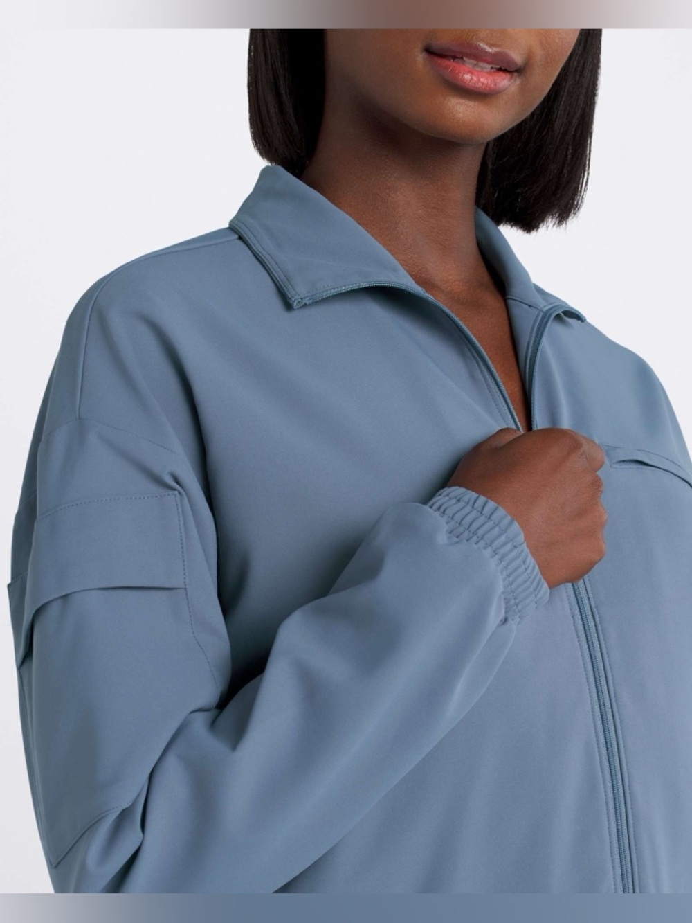 Beyond Yoga status pocket sleeve Slate Blue Zip-Front Bomber cropped Jacket M - Picture 4 of 7